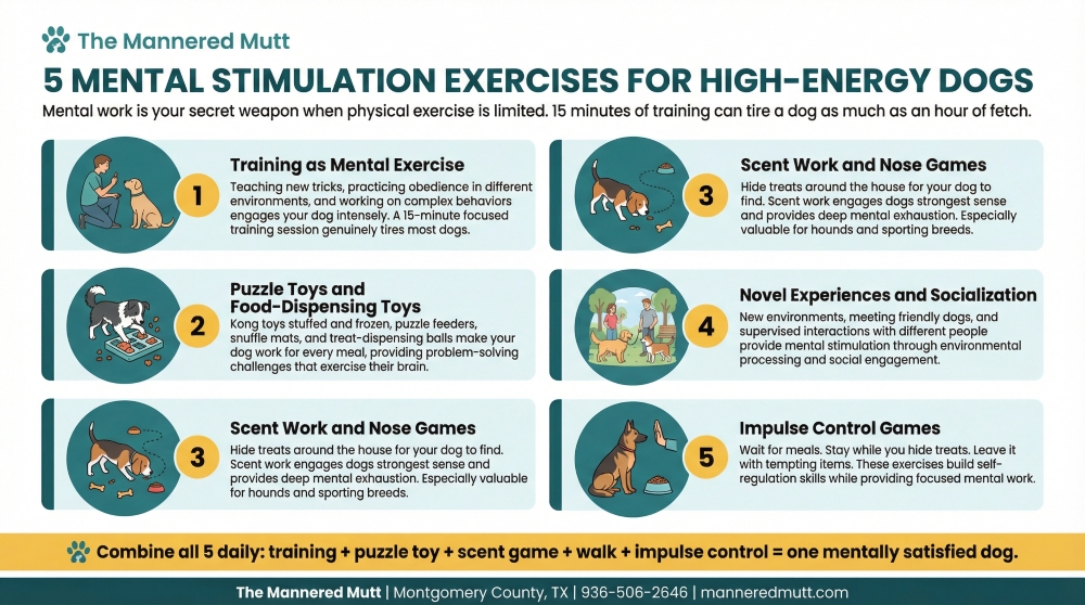 infographics about the 5 mental stimulation exercises for high energy dogs